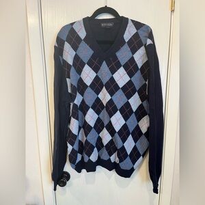 Brooks Brothers XXL Navy Blue Argyle V-Neck Scottish Lambswool Sweater Hong Kong